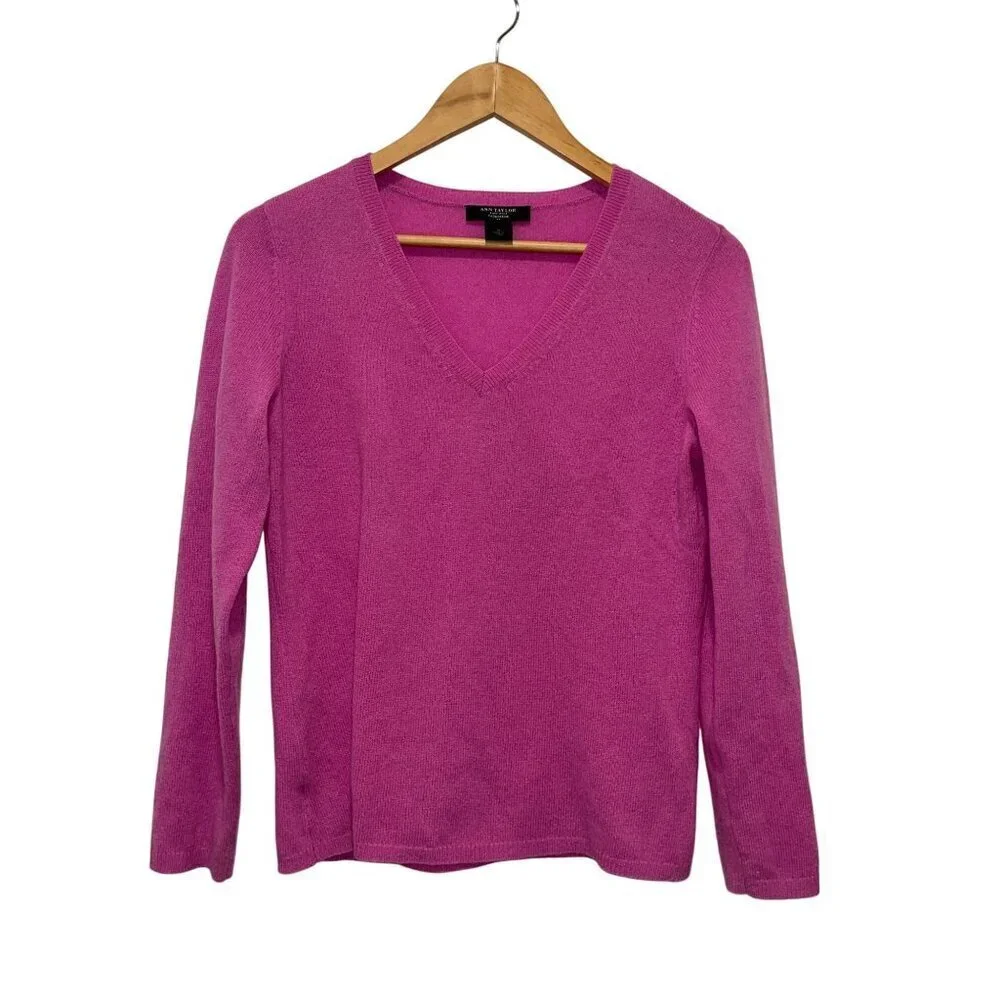 Ann Taylor Hot Pink 100% Cashmere V-Neck Pullover Sweater Women's Size M